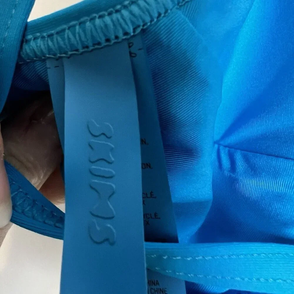 SKIMS Women's Turquoise Blue Swim High Neck Tie Back Bikini Top Size Small NWT